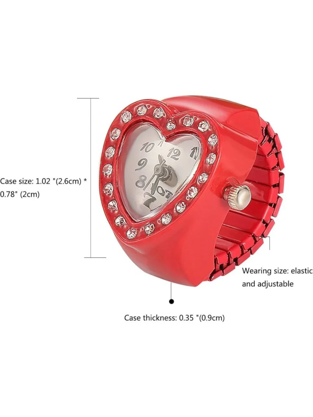 Unisex Red Analog Quartz Easy Read Adjustable Modern Heart Finger Ring Watch